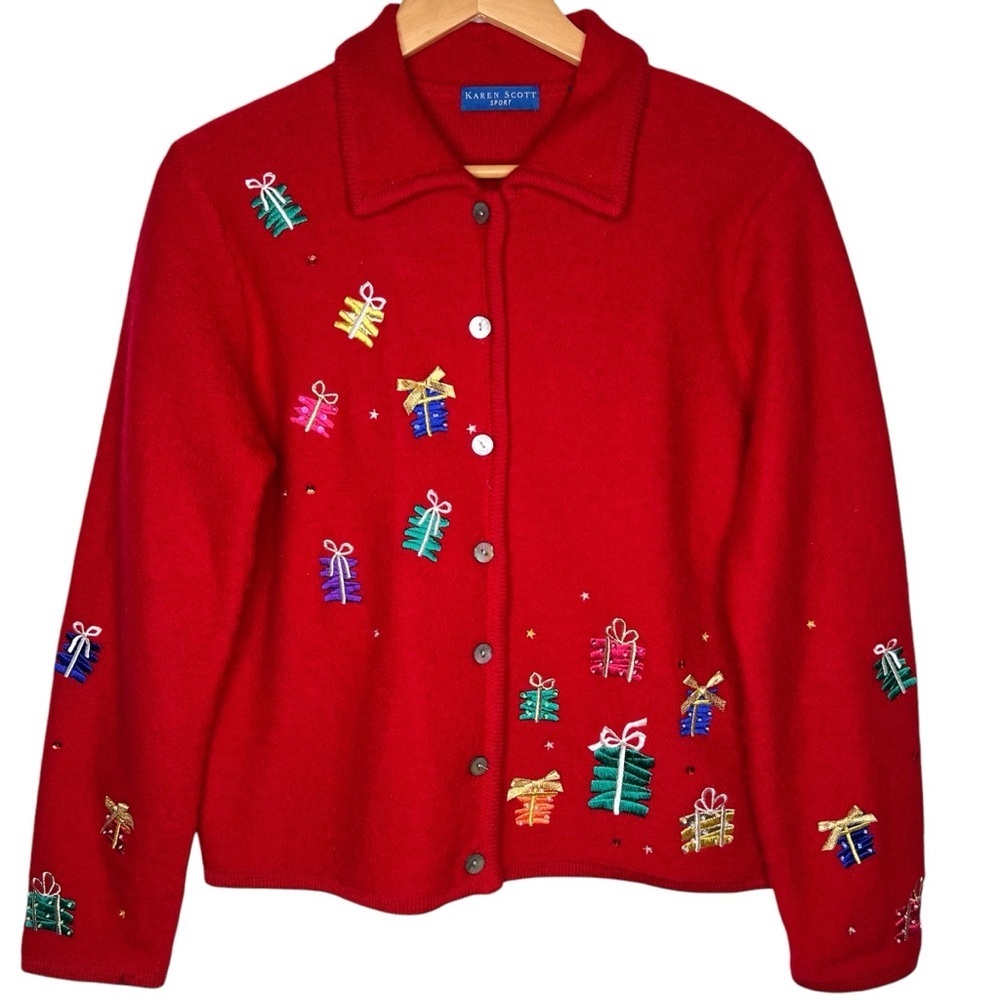 Karen Scott Red Wool Embroidered Holiday Gifts Bows Button Cardigan Sweater Med